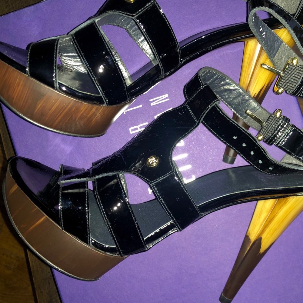 NEW Stuart Weitzman Black Patent Wood Platform Stiletto Heeled Sandals, Size 7.5